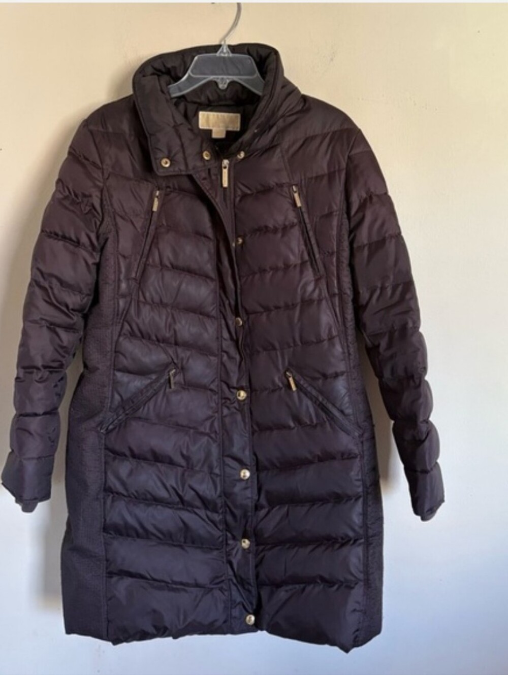MK Dark Brown Quilted Puffer Jacket. Gold Hardware Stamped.  Size Large